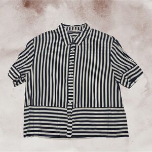 Jane + Delancey Mixed Stripe Short Sleeve Blouse | Navy & White | Size L